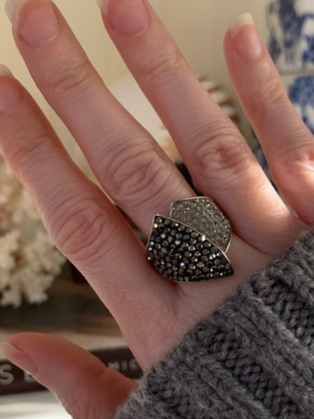 Vintage JCM Brass Ring Silver Cocktail Gray Crystals